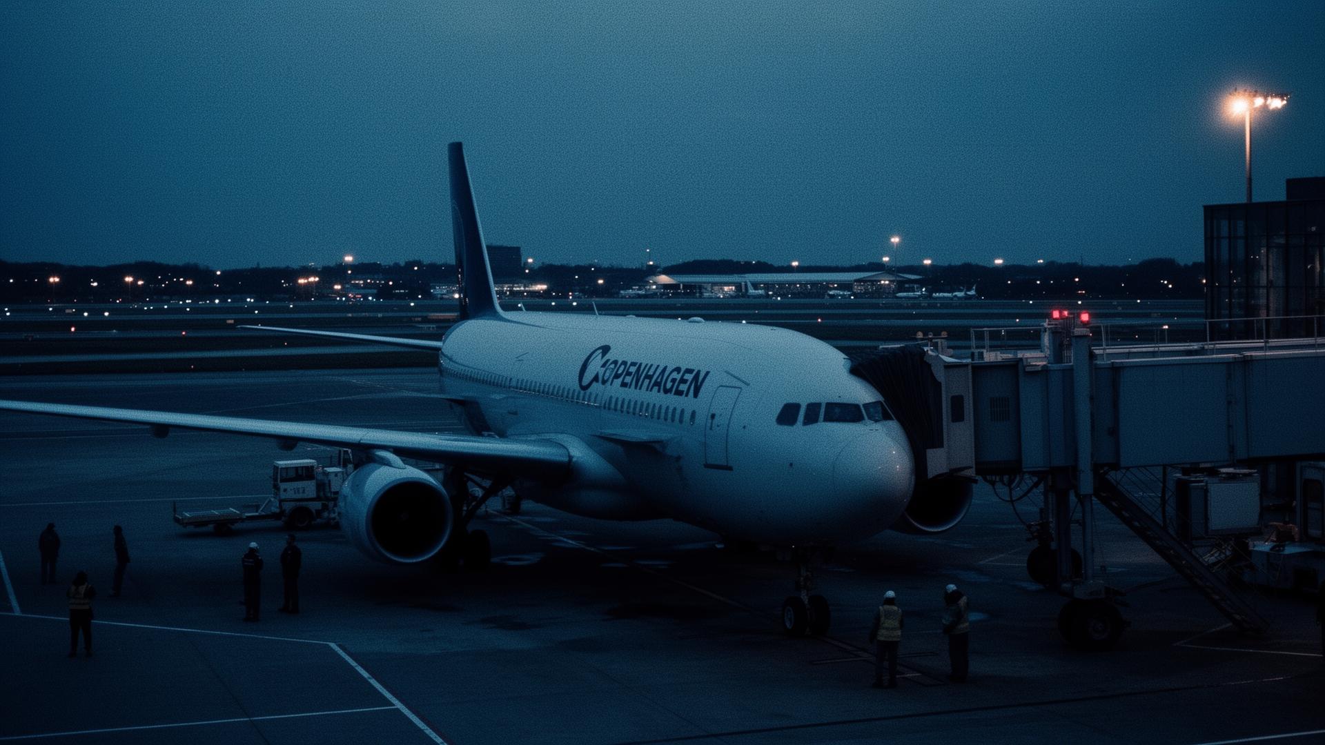 Aircraft at the gate at Copenhagen Airport at twilight
